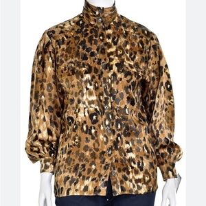 Escada VTG • Margaretha Ley Brown Animal Print Silk Blouse Sz 38 UK / Sz 6 US